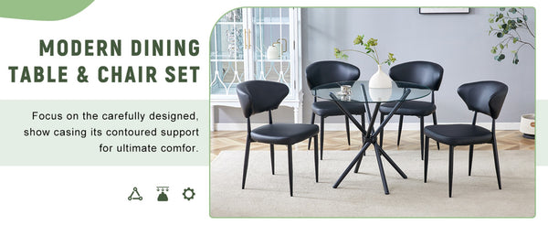 English Elm Table Set: Modern Transparent Glass Dining Table With 4 Ergonomic Black Pu Chairs For Stylish Comfort W1151S03671-GIGA