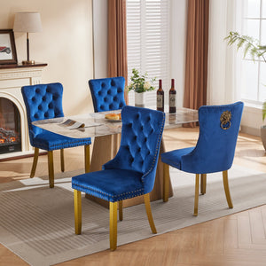 English Elm Mid-Century Tufted Velvet Dining Chair with Lion Head Ring, Nailhead Trim, Solid Wood Legs Blue W1143P193169