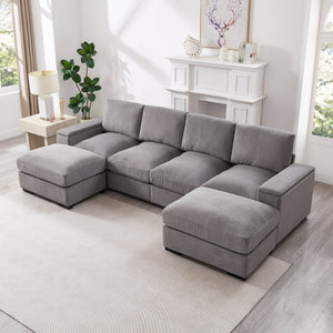 English Elm 122"l Corduroy Sectional with Dual Ottomans Modular U-shape Sofa for Modern Living Gray W1669S00044