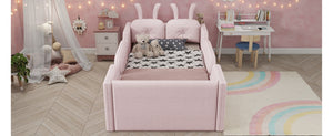 English Elm Twin Kids Platform Bed Teddy Fabric Upholstered with Bunny Cushions and Safety Rails Pink W2593P395807