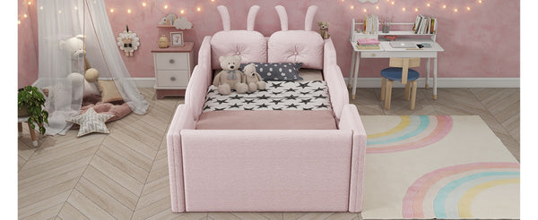 English Elm Twin Kids Platform Bed Teddy Fabric Upholstered with Bunny Cushions and Safety Rails Pink W2593P395807