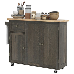 English Elm HOMCOM Rustic Rolling Kitchen Island Cart with Butcher Block Top, Drawer, 2 Cabinets & Towel Rack W2225P200933
