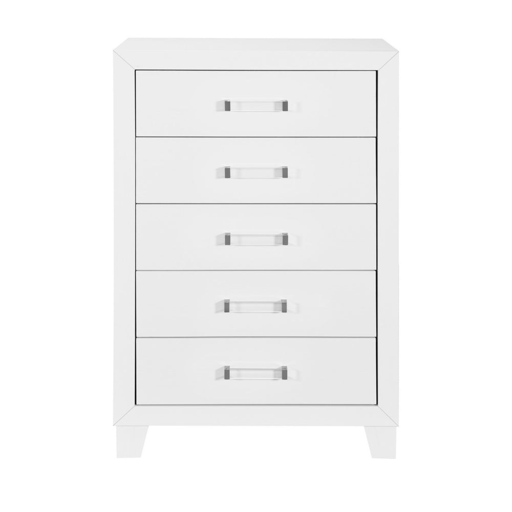 English Elm OMODA Sleek Five-Drawer Chest in Solid Wood and MDF with Modern Acrylic Hardware, Contemporary Appeal White 35.35 L x 19.29 W x 48.82 H B201P226201