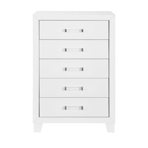 English Elm OMODA Sleek Five-Drawer Chest in Solid Wood and MDF with Modern Acrylic Hardware, Contemporary Appeal White 35.35 L x 19.29 W x 48.82 H B201P226201