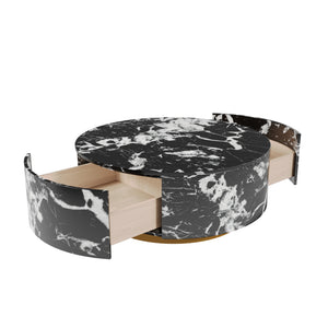 English Elm Tavola Round Coffee Table with Marble Pattern Top and Metal Legs, Two Drawers for Stylish Storage Black B341P321162