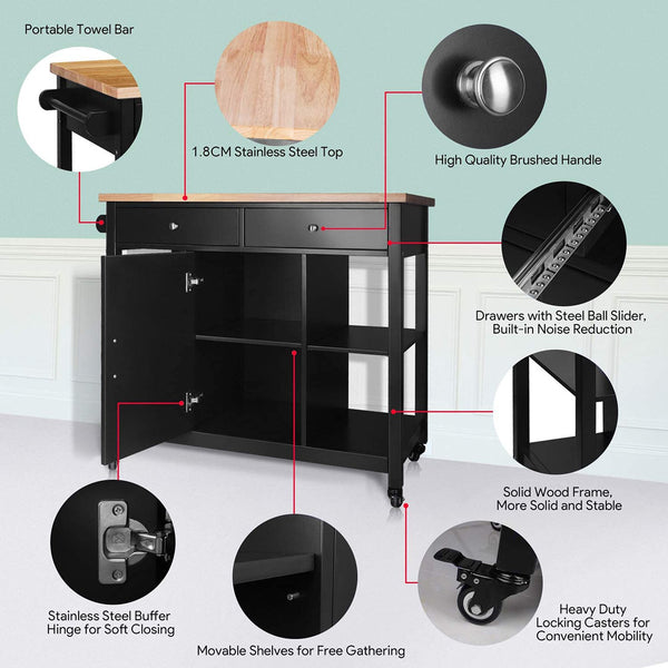 English Elm 40" Kitchen Island Cart with Solid Rubber Wood Top, Locking Casters, Drawers & Towel Rack Black T3771P372625