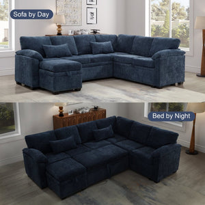 English Elm 97 Inch L-shaped Chenille Sectional Sofa with Sleeper Storage Ottoman 7 Seats Dark Blue W1669S00019
