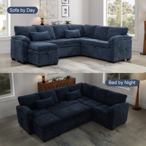English Elm 97 Inch L-shaped Chenille Sectional Sofa with Sleeper Storage Ottoman 7 Seats Dark Blue W1669S00019