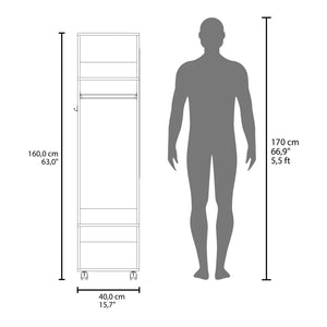 English Elm Armoire 63"H With 3 Shelves & Integrated Mirror On 4 Wheels - Stylish White Storage Solution B097P250842
