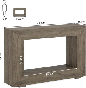 English Elm Entryway Console Table with Sculptural Stacked Wood Panels and Open Arc Base T3971P451473
