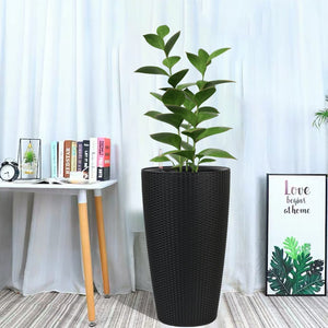 English Elm Set of 2 Faux Rattan Tall Outdoor Planters with Auto Watering and Water Level Monitor Black W3213P325373