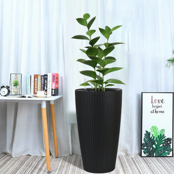 English Elm Set of 2 Faux Rattan Tall Outdoor Planters with Auto Watering and Water Level Monitor Black W3213P325373