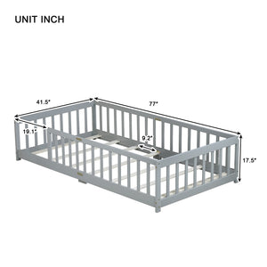 English Elm Twin Low Profile Rubberwood Floor Bed with Full Safety Fence for Toddler Rooms Grey W504P429333