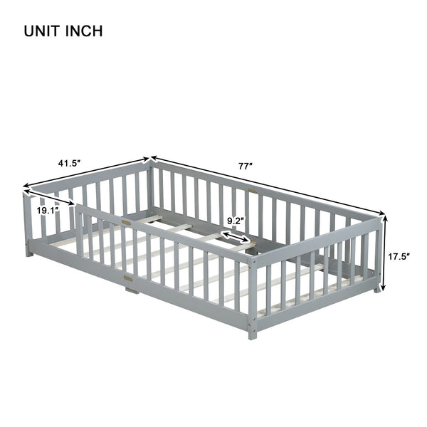 English Elm Twin Low Profile Rubberwood Floor Bed with Full Safety Fence for Toddler Rooms Grey W504P429333