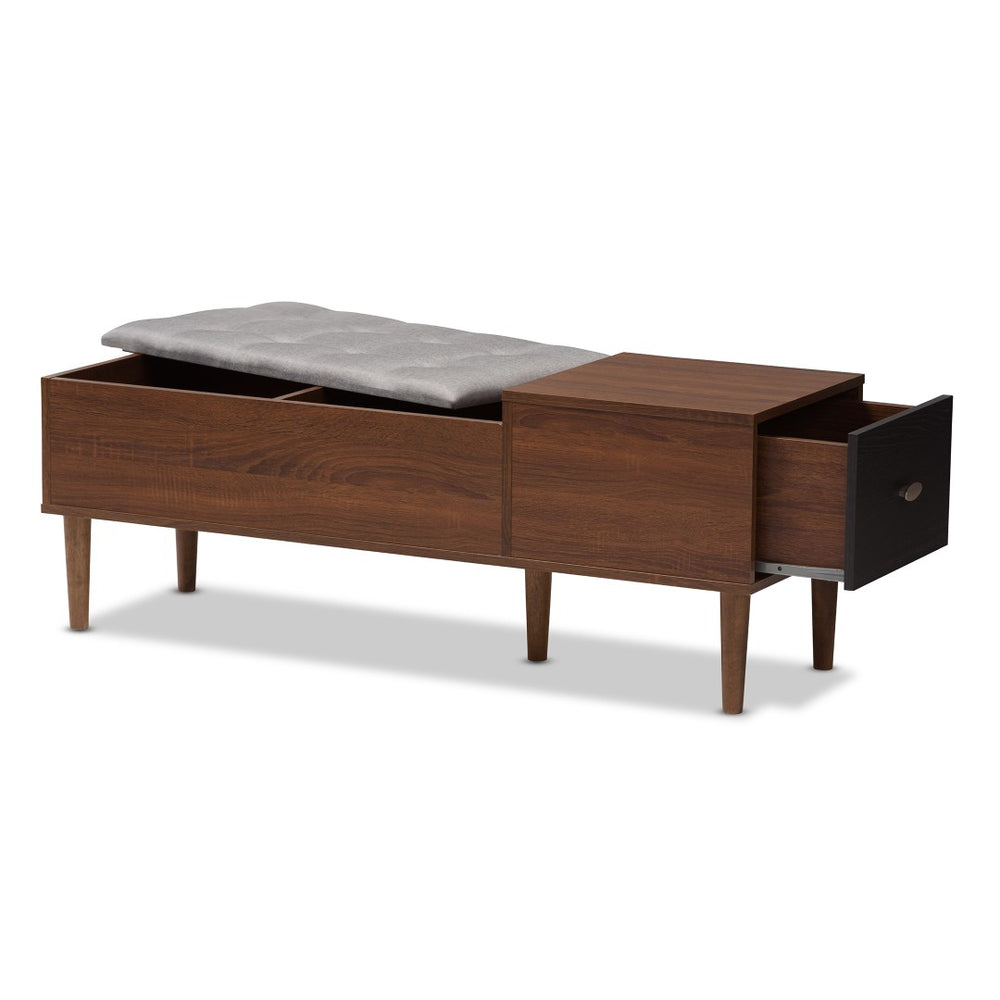Baxton Studio Baxton Studio Merrick Mid-Century Modern Bench with Cushioned Seat and Hidden Shoe Storage Organizer FP-6789-Gray/Oak/Espresso