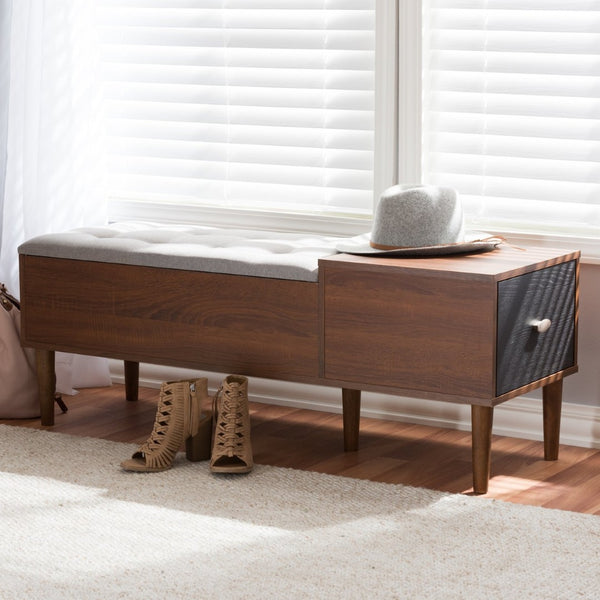 Baxton Studio Baxton Studio Merrick Mid-Century Modern Bench with Cushioned Seat and Hidden Shoe Storage Organizer FP-6789-Gray/Oak/Espresso