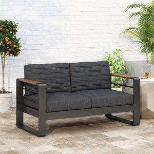 English Elm Christopher Knight Home® - GIOVANNA Loveseat Black Aluminum Frame with WPC Arm Accents, Water-Resistant Cushions, Weatherproof 71735.00BLK