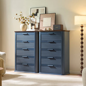 English Elm 6 Drawer Tall Fluted Chest with Waveform Fronts Slim Wooden Storage for Modern Bedroom Navy Blue T5326P425093