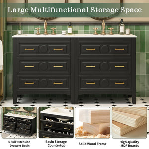 English Elm 60'' Elegant Black Bathroom Vanity Set With Ceramic Sink, 6 Drawers, Solid Wood Frame & Storage N710SS00003B