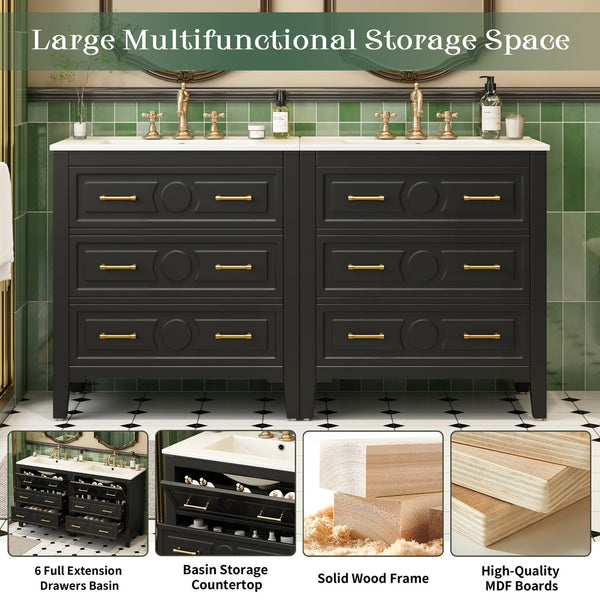 English Elm 60'' Elegant Black Bathroom Vanity Set With Ceramic Sink, 6 Drawers, Solid Wood Frame & Storage N710SS00003B