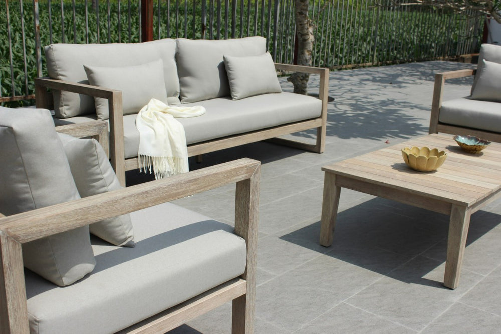 VIG Furniture Calm Acacia Outdoor Sofa Set With Grey Water‑Repellent Cushions, 3‑Pc Seating + Coffee Table, Durable Wood VGATRASF-229