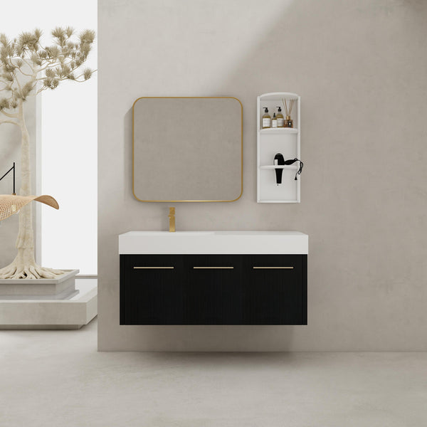 English Elm 48 Inch Wall-Mounted Bathroom Vanity Set With Left Basin Sink, Storage Rack & Soft-Close Hinges W999S00371