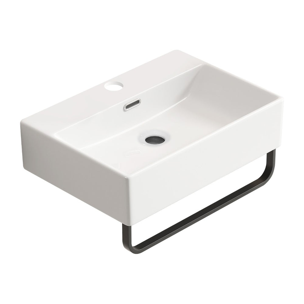 English Elm White Ceramic Wall Mount Bathroom Sink with Integrated Towel Rack for Small Spaces W3402P362473