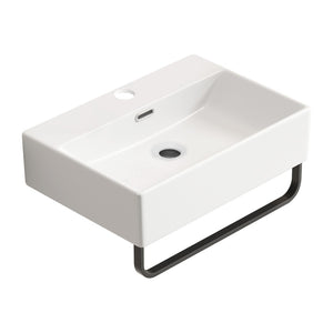 English Elm White Ceramic Wall Mount Bathroom Sink with Integrated Towel Rack for Small Spaces W3402P362473
