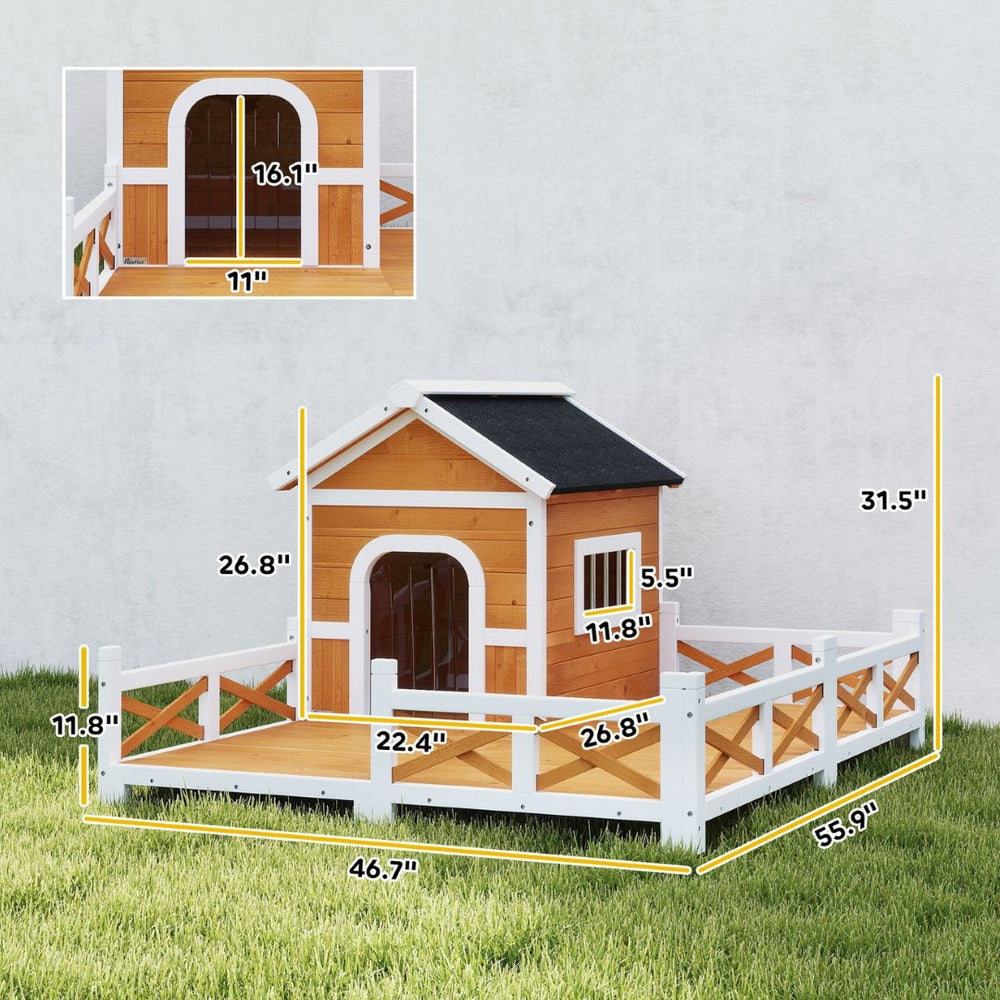 English Elm Dog House Outdoor Solid Fir Wood Cottage Style with Fenced Porch for Small Breeds T3971P433446