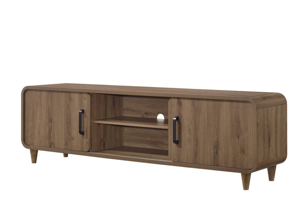 English Elm 1pc Mid-century Wooden Tv Stand with Sliding Doors Tapered Legs Warm Brown Finish B2741P482245