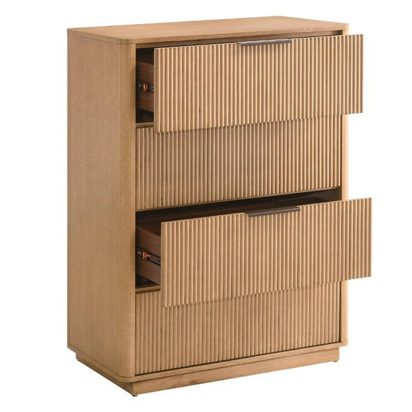 VIG Furniture Santa Monica Vertical Chest In Natural Oak Veneer — 4 Soft-Close Drawers, Matte Black Handles, Ready-To-Use VGMABR-144-CHEST