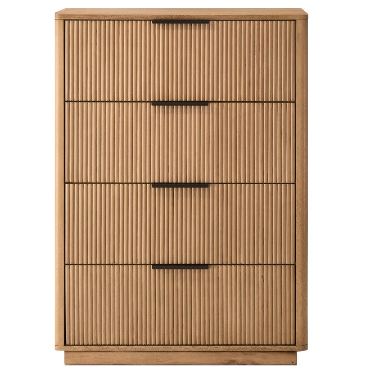 VIG Furniture Santa Monica Vertical Chest In Natural Oak Veneer — 4 Soft-Close Drawers, Matte Black Handles, Ready-To-Use VGMABR-144-CHEST