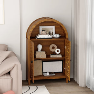 English Elm Hand-carved Solid Wood Tall Narrow Cabinet with Floral Arched Doors and Open Shelving W3123P485765