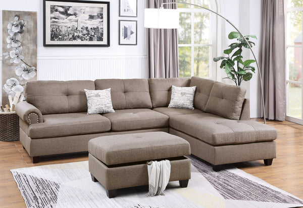 English Elm Contemporary Three Piece Sectional Sofa Set with Nailhead Trim and Storage Ottoman B011S01053