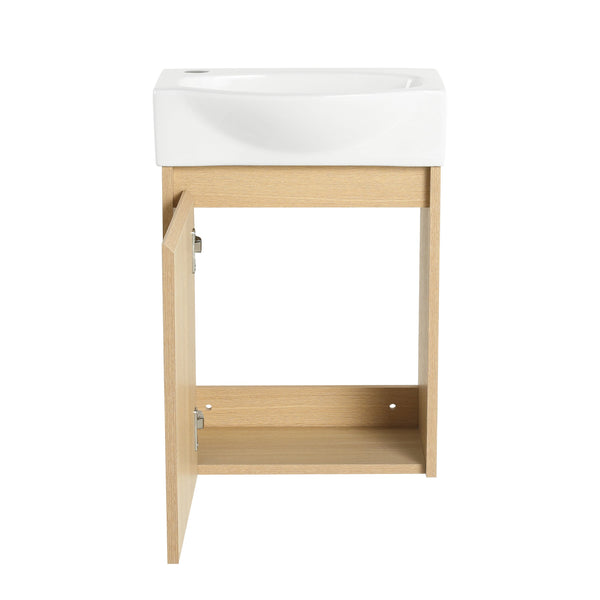 English Elm 16" Bathroom Vanity Sink Combo for Small Spaces — Compact Engineered Wood Cabinet with Ceramic Basin, Moisture-Resistant Finish and Hidden Handle, Easy Assembly Oak W1972P190339