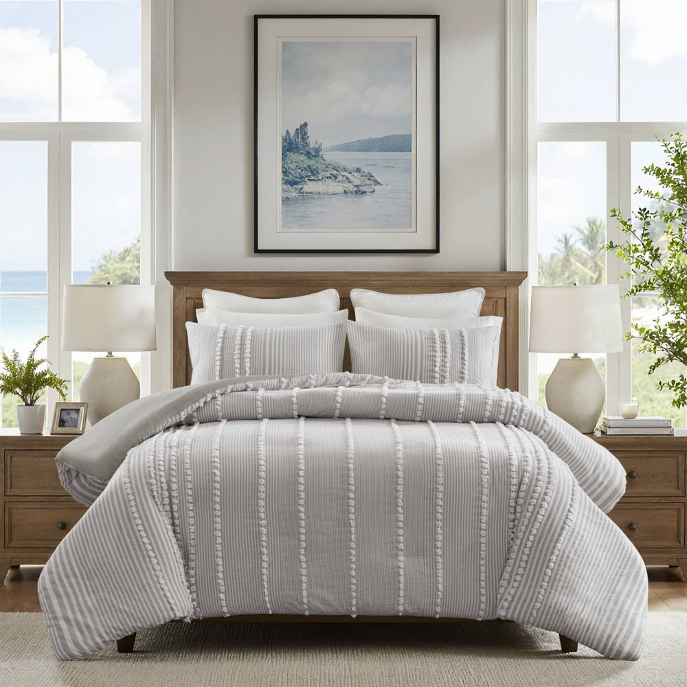 English Elm 3-piece King Yarn Dyed Cotton Duvet Set with Pompom Jacquard Stripe Percale Reverse Grey B035P482895