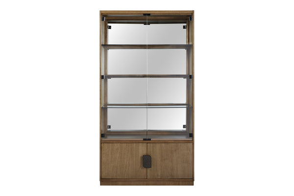 English Elm Display Eucalyptus Display Cabinet with Tempered Glass, Mirrored Back & Two-Door Tan Solid Wood Storage B2699P396177