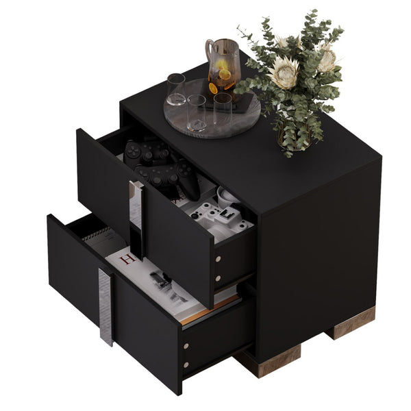 English Elm Modern Two Drawer Nightstand with Slim Metal Legs and Mirrored Bar Handles for Bedroom Black W5271P416540