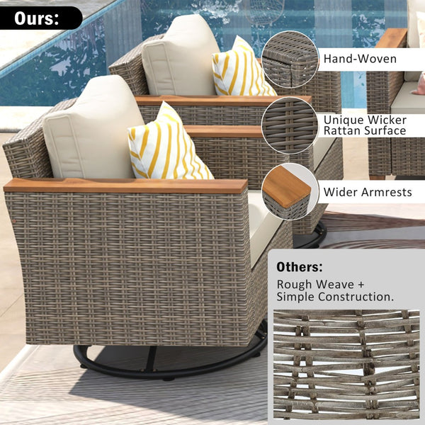 English Elm K&k 8 Piece Outdoor Wicker Sectional Set with Swivel Rockers and Acacia Storage Table Beige+Brown N707S005016Z