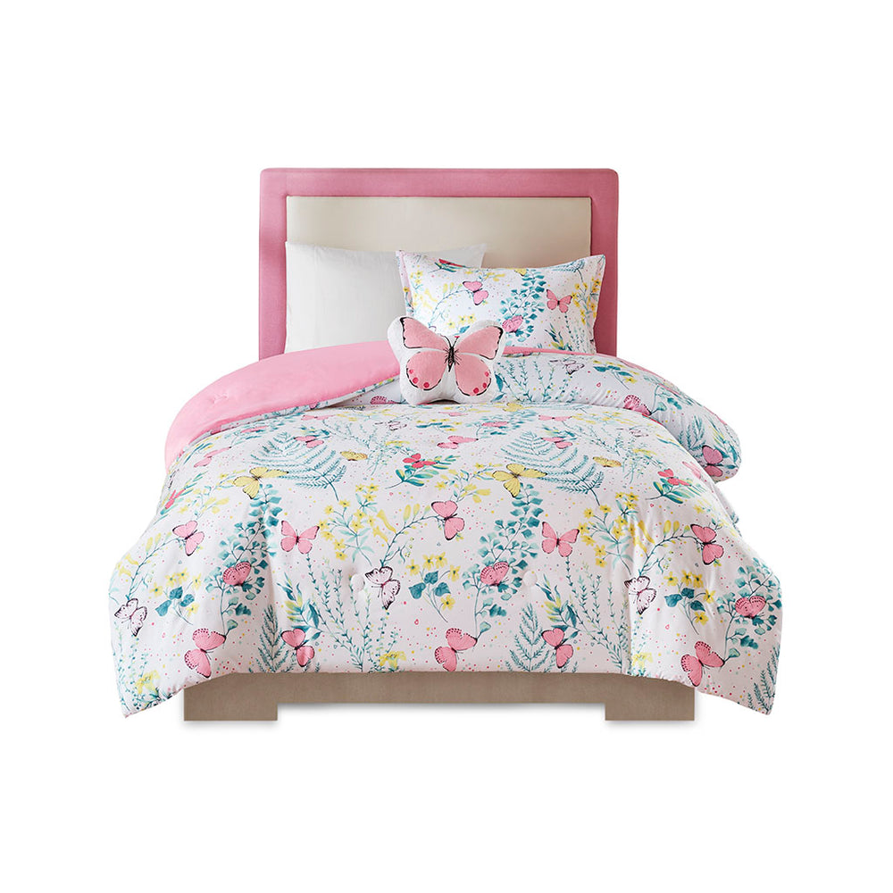 JLA Home Mi Zone Kids - Printed Butterfly Comforter Set with Ultra-Soft Face, Hypoallergenic Fill, Antimicrobial Freshness & Pillow 86 L x 66 W x 1H MZK10-208
