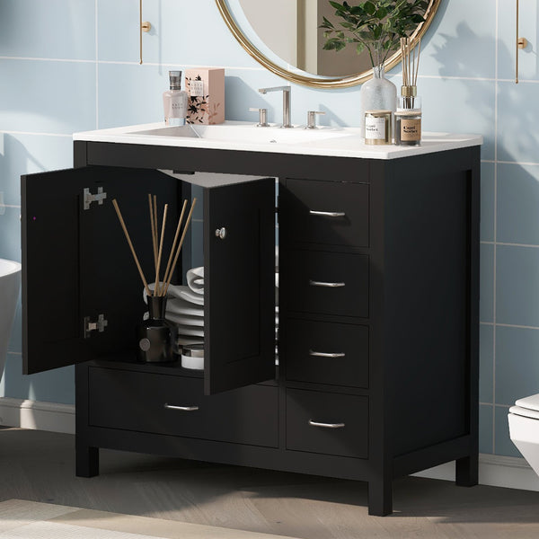 English Elm 36" Black Bathroom Vanity with Ceramic Sink, 2 Soft-Close Doors & 5 Drawers, Modern Storage Elegance N729P183735B