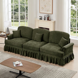 English Elm Elegant Mid Century 3-Seater Sofa With Flared Arms & Removable Skirts – Versatile Green Chenille Comfort W3041S00266