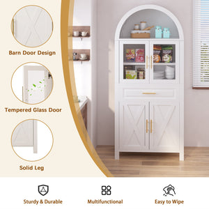 English Elm 71" Tall Arched Pantry Cabinet with Tempered Glass Door, Adjustable Shelves, Anti-Tip Kit & Metal Handles White W2917P384735