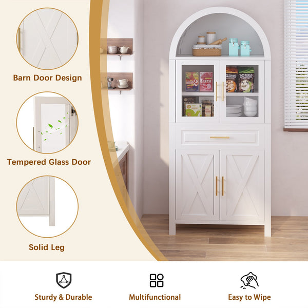 English Elm 71" Tall Arched Pantry Cabinet with Tempered Glass Door, Adjustable Shelves, Anti-Tip Kit & Metal Handles White W2917P384735