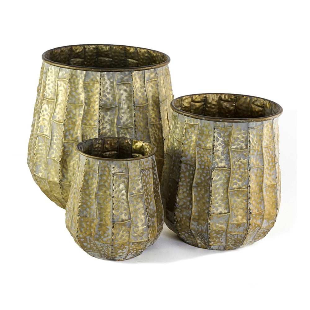 English Elm Set of 3 Distressed Zinc Metal Planters with Aged Golden Finish for Farmhouse Decor W2078P499531