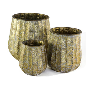 English Elm Set of 3 Distressed Zinc Metal Planters with Aged Golden Finish for Farmhouse Decor W2078P499531