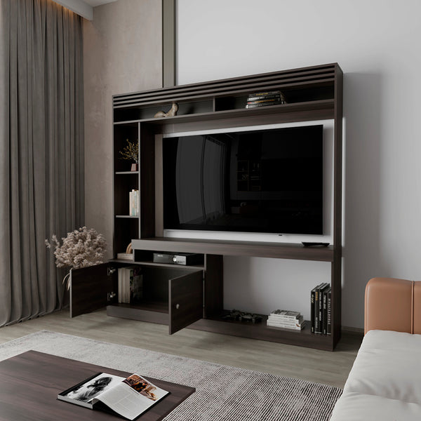 English Elm Flagler Dark Walnut Entertainment Center with Open Shelves, Closed Cabinets & Durable Engineered Wood (69) B092S00272