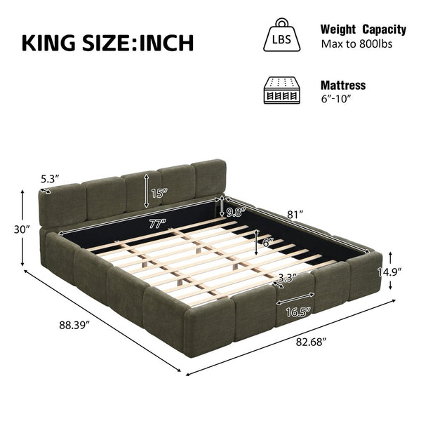 English Elm King Platform Bed Linen Upholstered Block Silhouette Solid Wood Frame Bedroom Anchor N757P385454D
