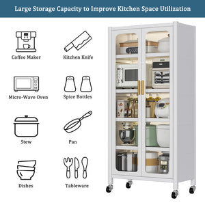English Elm 65" Kitchen Pantry Cabinet with Transparent Double Doors, 6-Tier Adjustable Metal Shelves on Wheels, White Durable Storage Solution W3204P383016