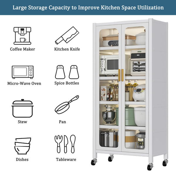 English Elm 65" Kitchen Pantry Cabinet with Transparent Double Doors, 6-Tier Adjustable Metal Shelves on Wheels, White Durable Storage Solution W3204P383016